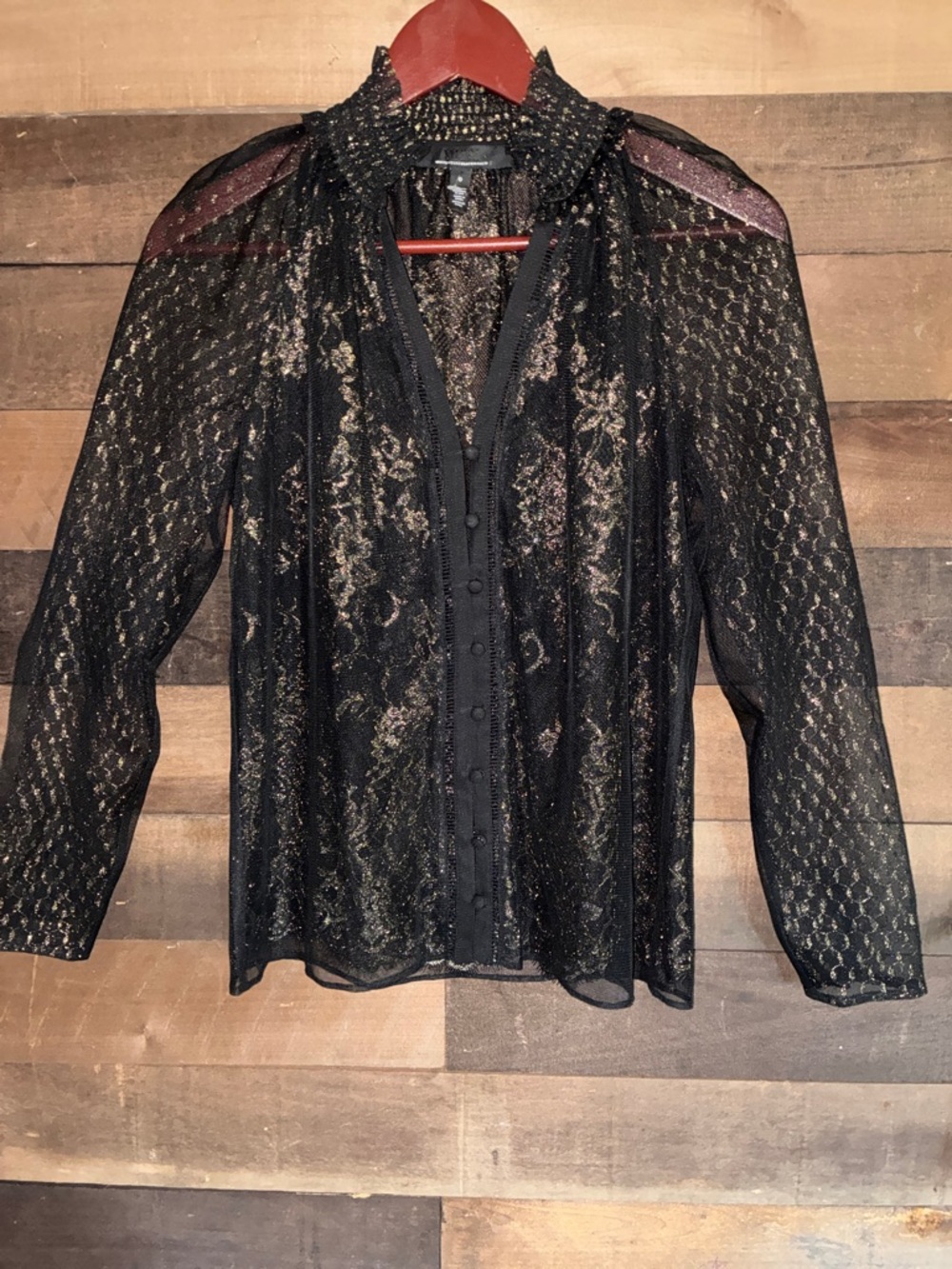 White House Black Market Black Sheer Lace Button-Up Blouse with Metallic Accents